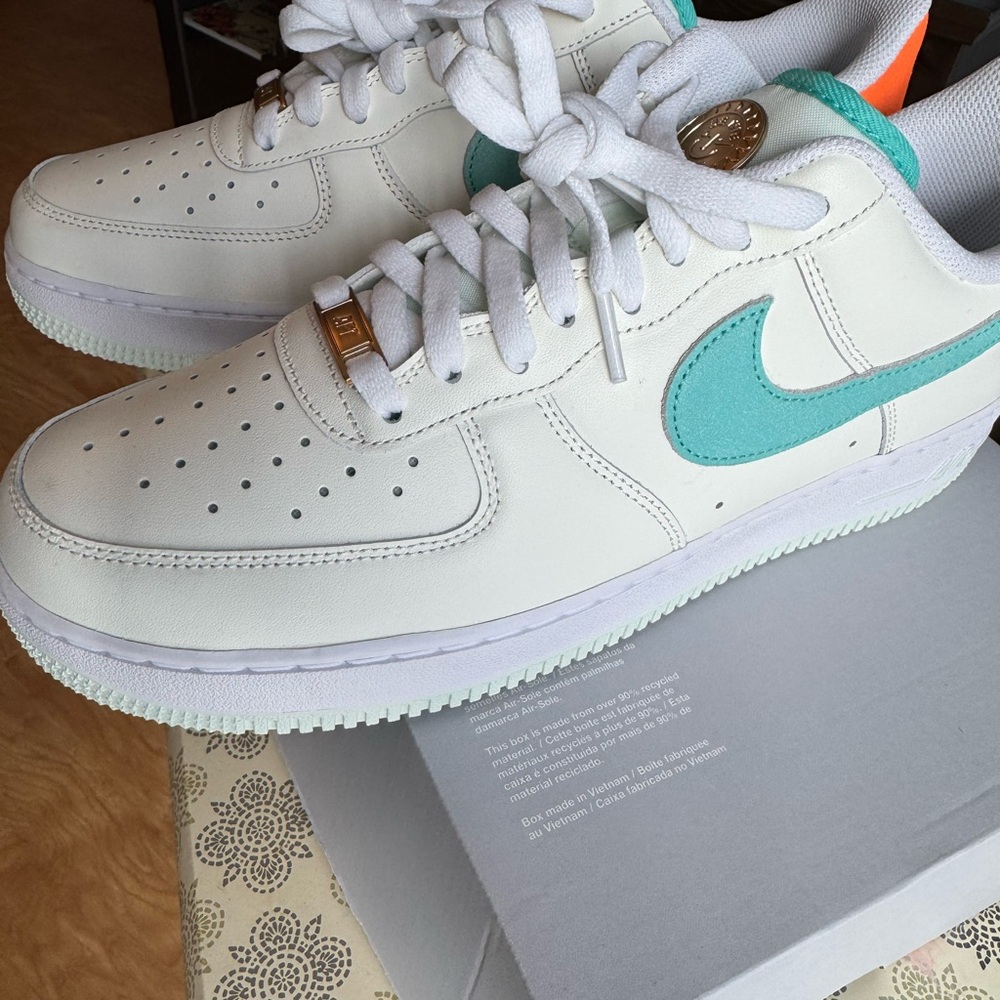 Nike Air Force 1 White and Teal Sneakers